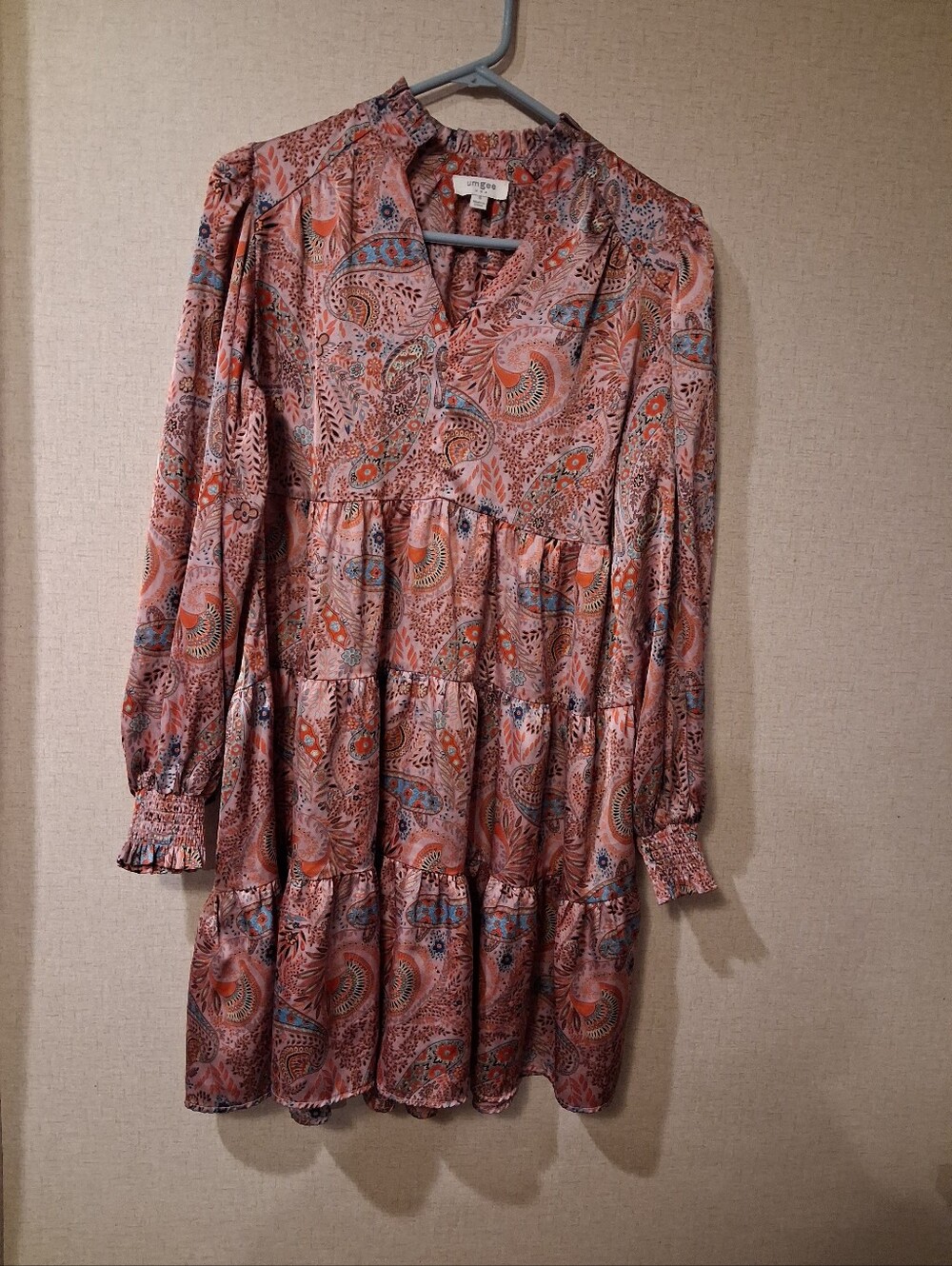 Umgee Paisley Tiered Long-Sleeve Dress in Dusty Rose and Blue Accents